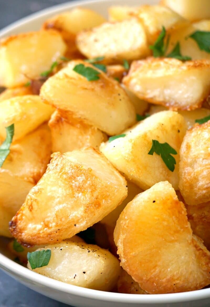 Close-up shoot of roast potatoes.
