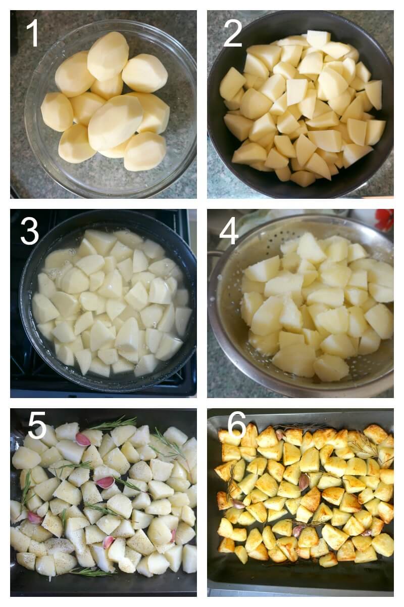 Collage of 6 photos to show how to make crispy roast potatoes.