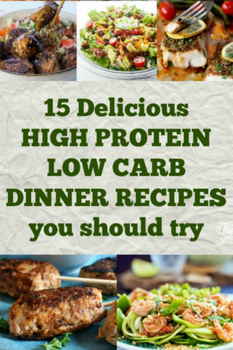 Collage of food photos for high protein low carb dinner recipes