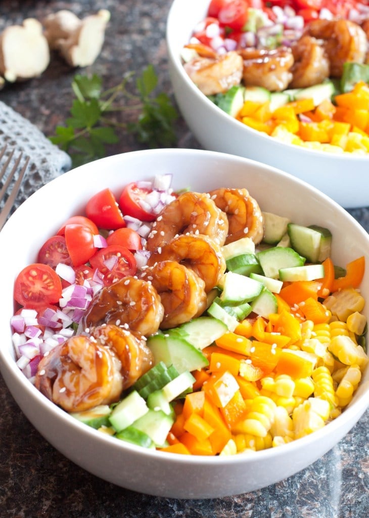 Teriyaki Shrimp Salad with Sesame Ginger Vinaigrette.