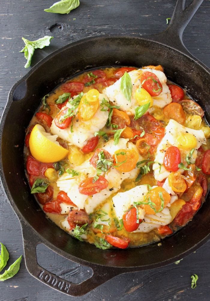 Pan Seared Halibut in Garlic White Wine Sauce.