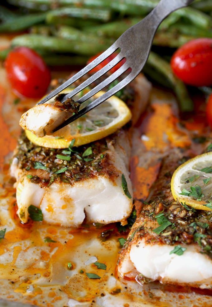 Sheet Pan Cod with Moroccan Chermoula Sauce.