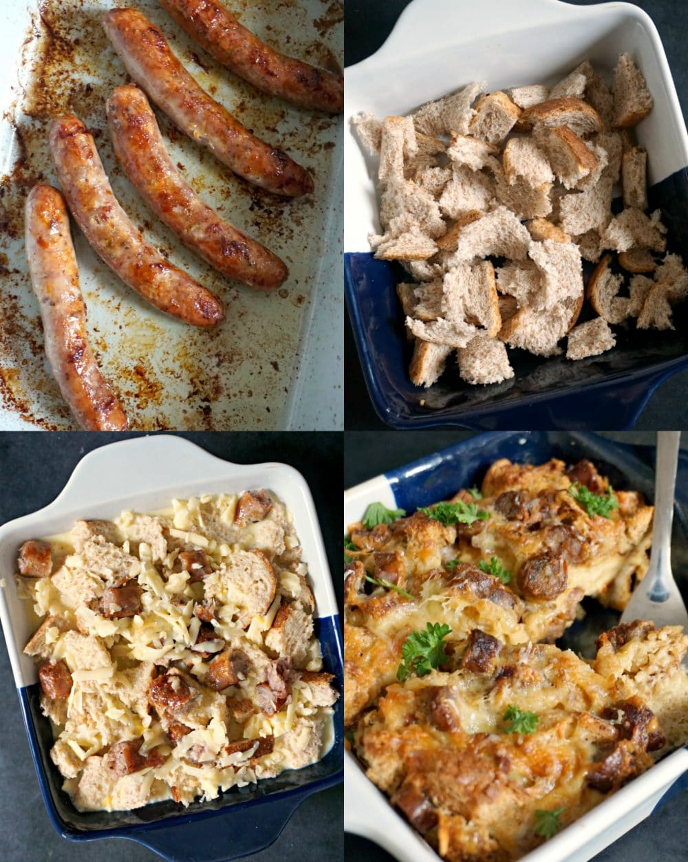 Collage of 4 photos to show how to make breakfast casserole.