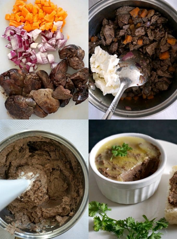 Collage of 4 photos to show how to make chicken liver pâté.