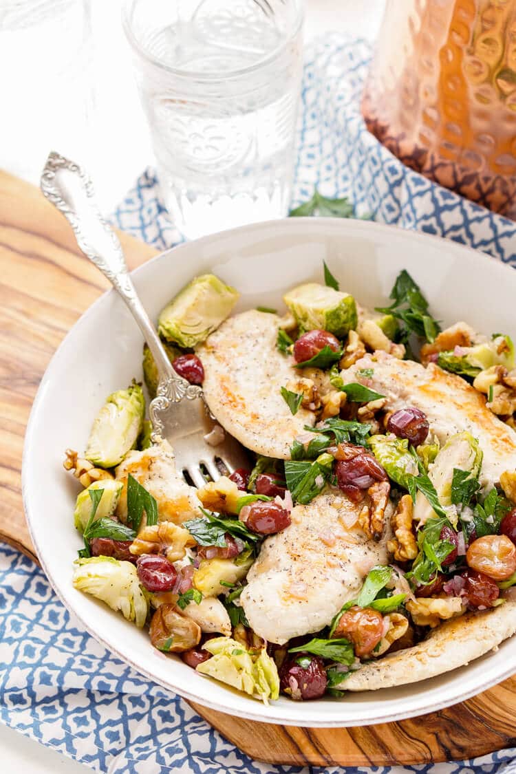 Roasted Brussels Sprouts & Grapes over Tender Chicken Dinner.