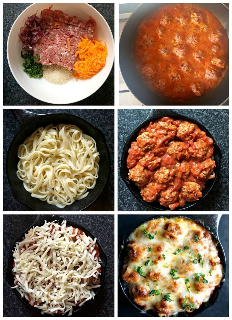 Collage of 6 overhead photos to show step-by-step instructions how to cook the Baked Spaghetti and Meatballs recipe