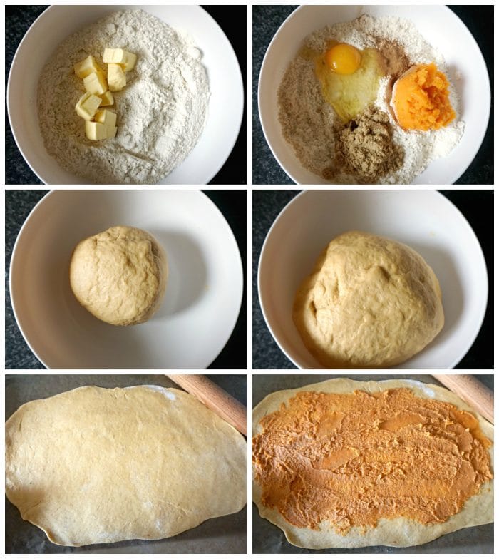 Collage of 6 photos to show how to make pumpkin cinnamon rolls.