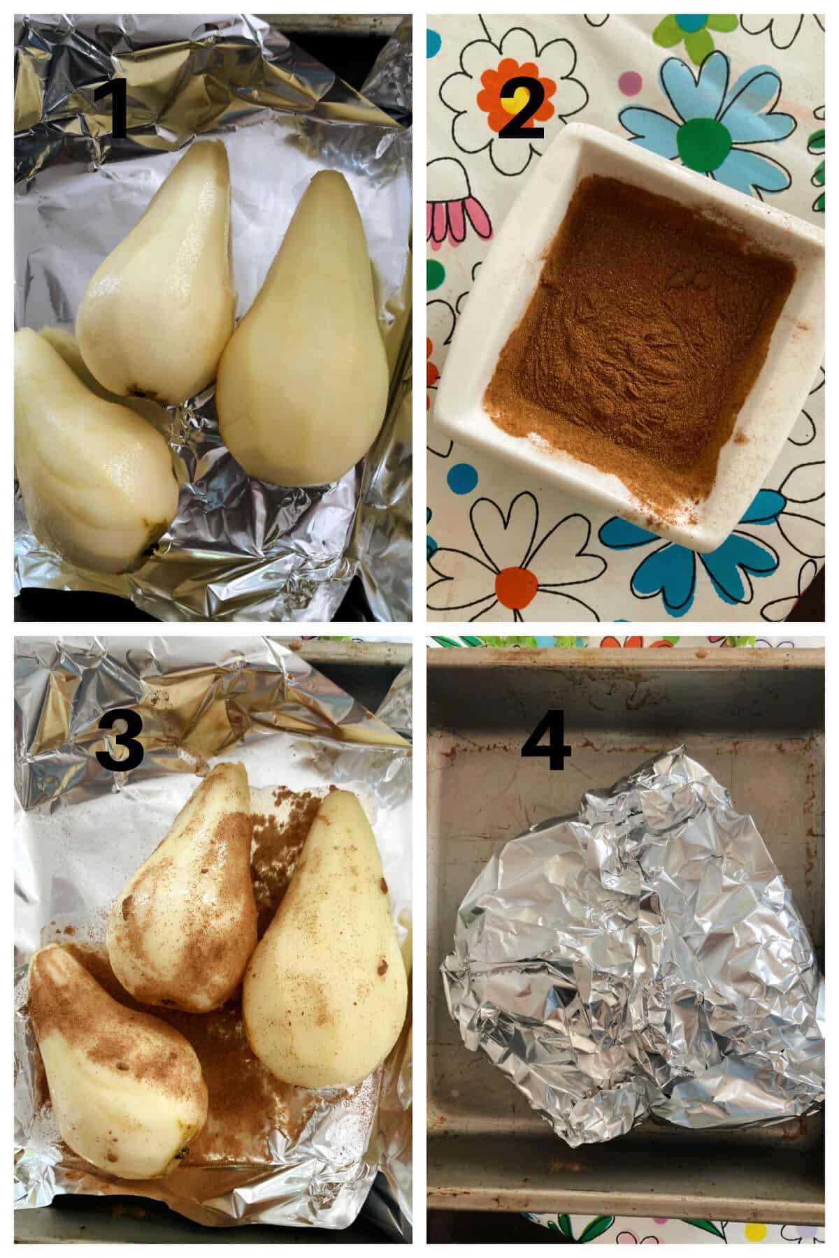 Collage of 4 photos to show how to make baked pears