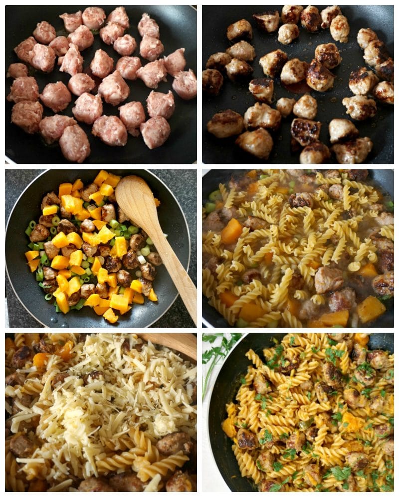 Collage of 6 photos to show how to make butternut squash sausage pasta.