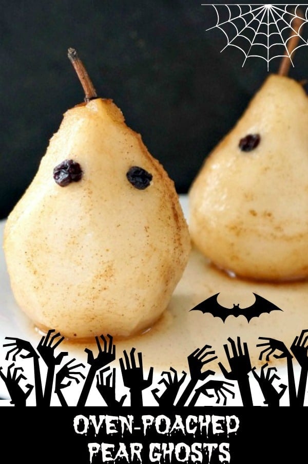 Oven-poached pear ghosts with cinnamon and maple syrup, a healthy Halloween recipe that will go down a treat with the whole family.