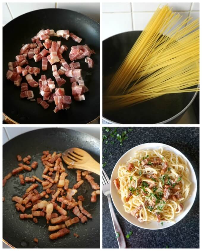 Collage of 4 photos to show how to make bacon carbonara pasta.