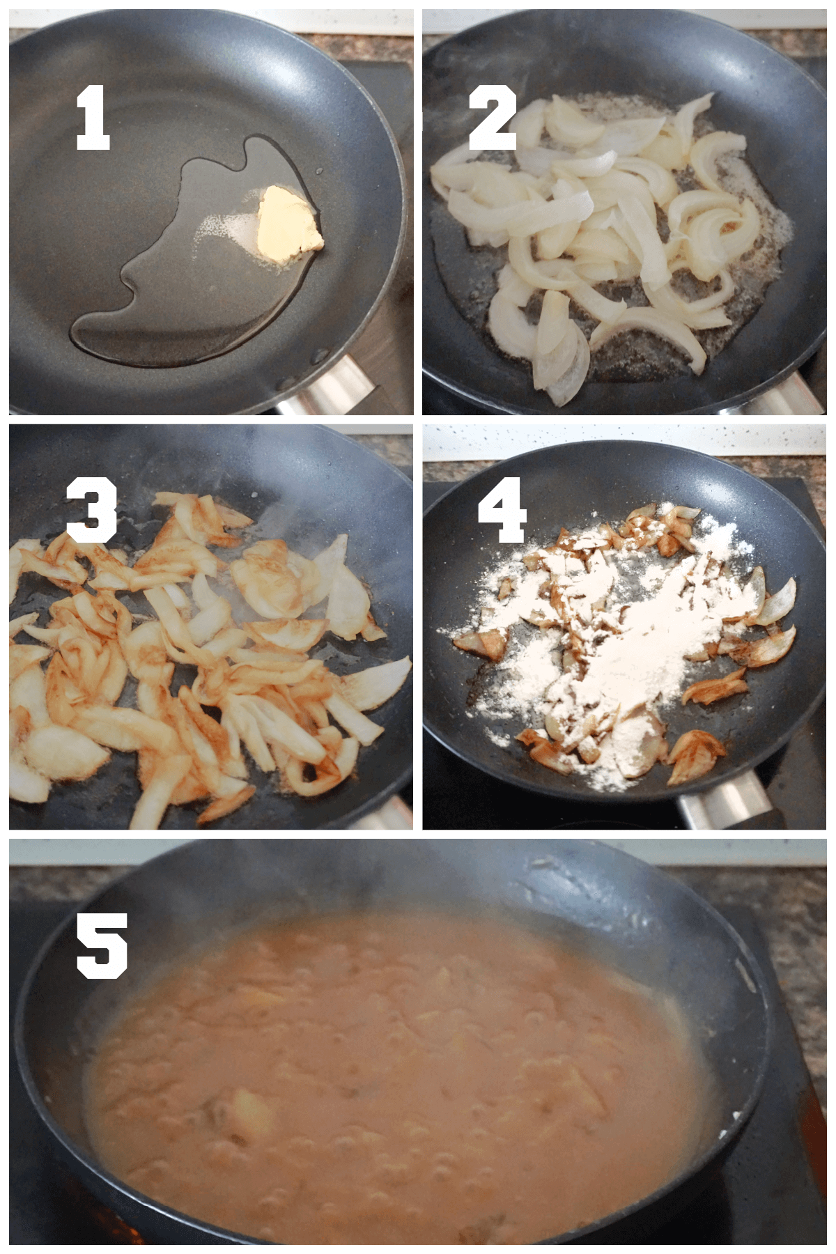 Collage of 5 photos to show how to make onion gravy.