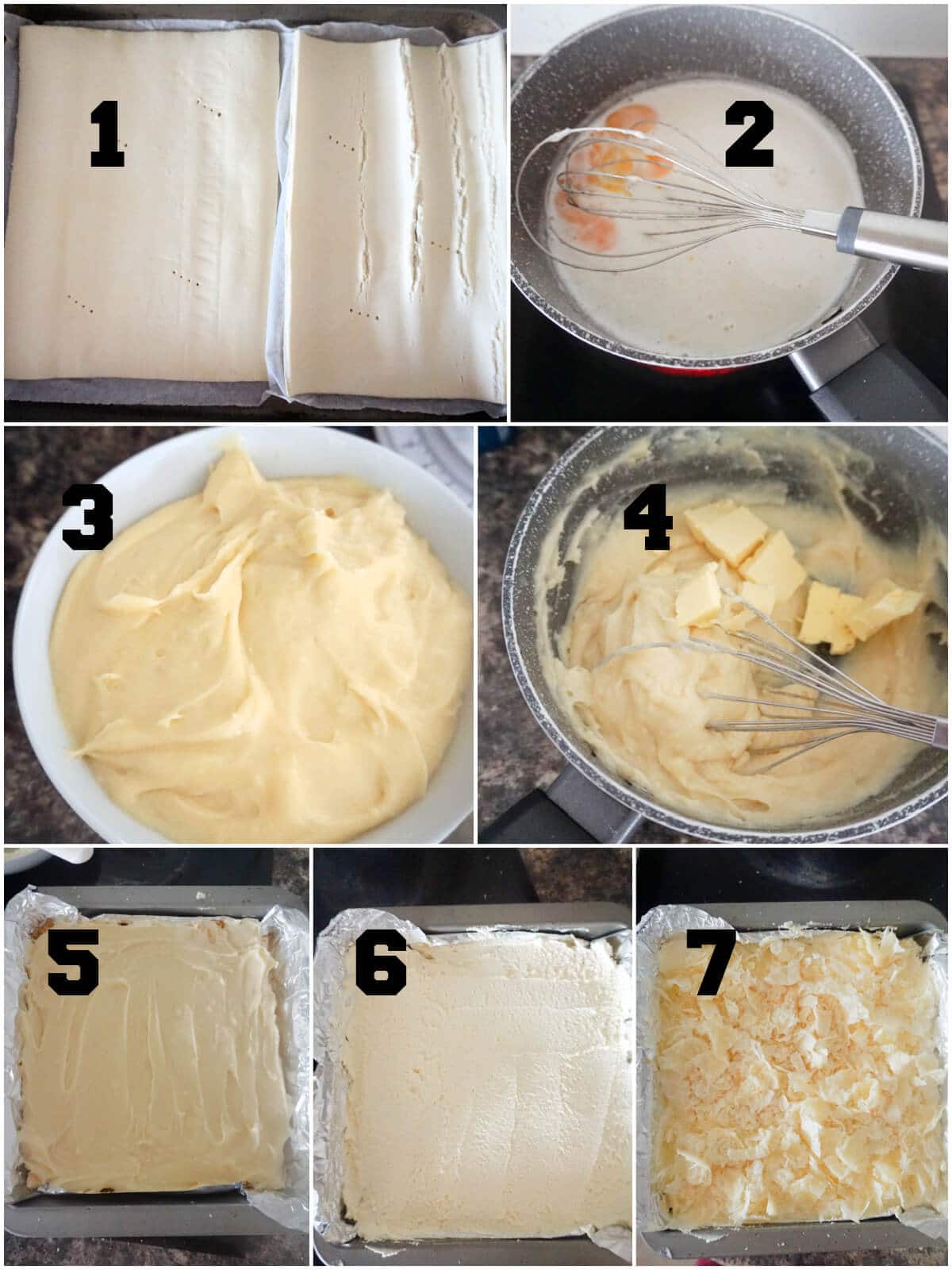 Collage of 7 pictures to show how to make cremeschnitte