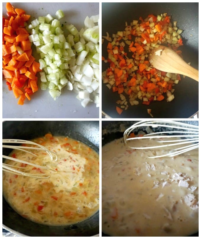 Collage of 4 photos showing step-by-instructions how to make homemade cream of chicken soup.