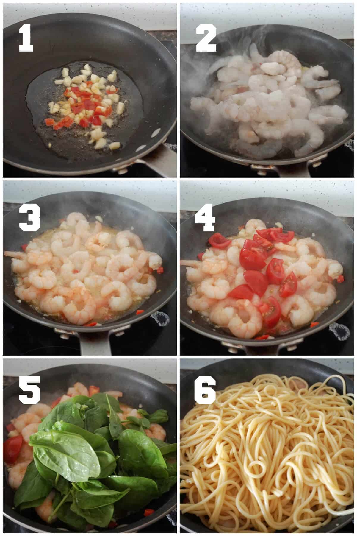 Collage of 6 photos to show how to make prawn and spinach pasta.