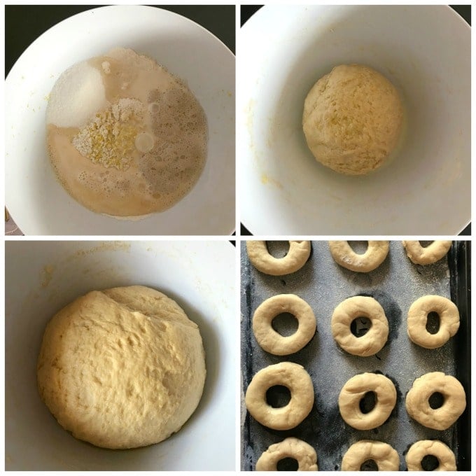 Collage of 4 photos to show how to make baked doughnuts