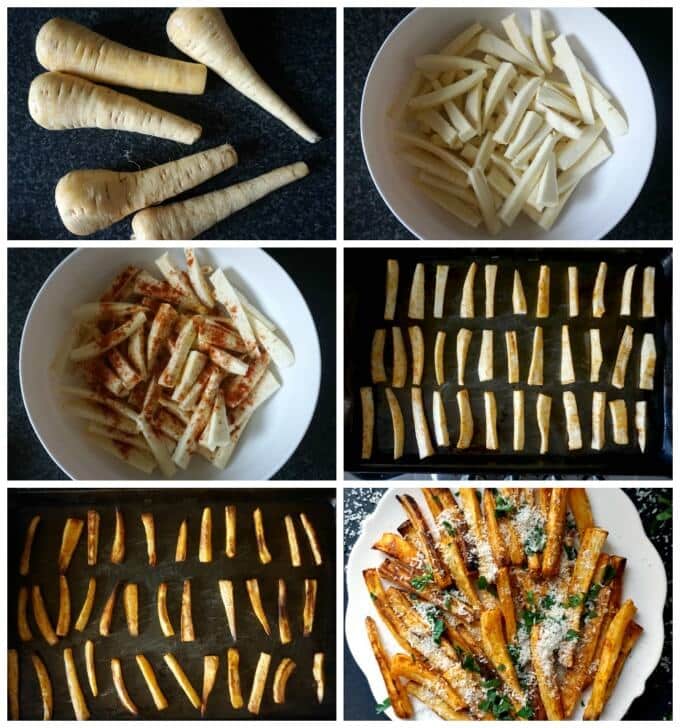 Collage of 6 photos to show step-by-steo instructions how to make baked parsnip fries