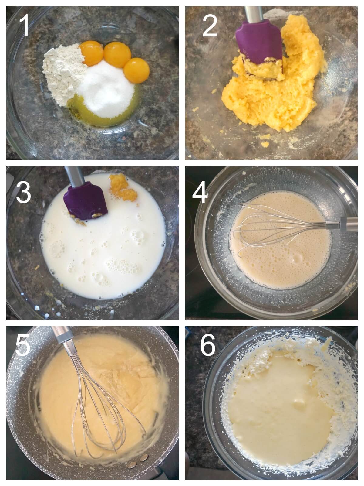 Collage of 6 photos to show how to make the custard cream for the Charlotte Cake.