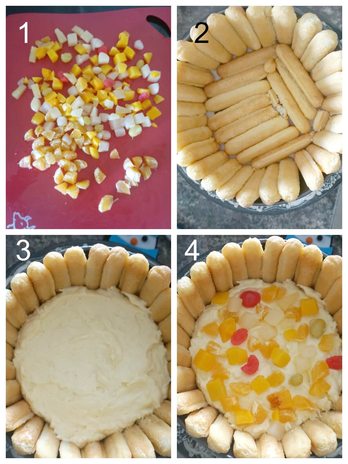 Collage of 4 photos to show how to assemble the Charlotte Cake.