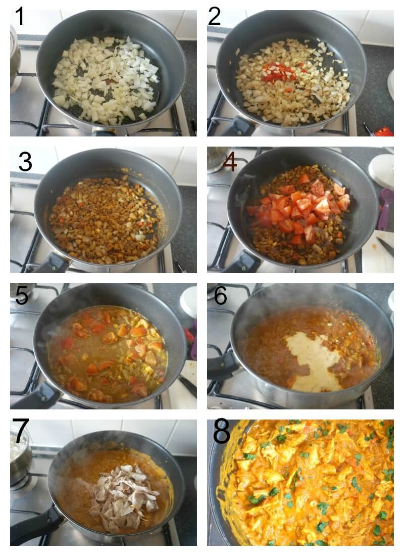 Collage of 8 photos to show how to make leftover chicken tikka masala.