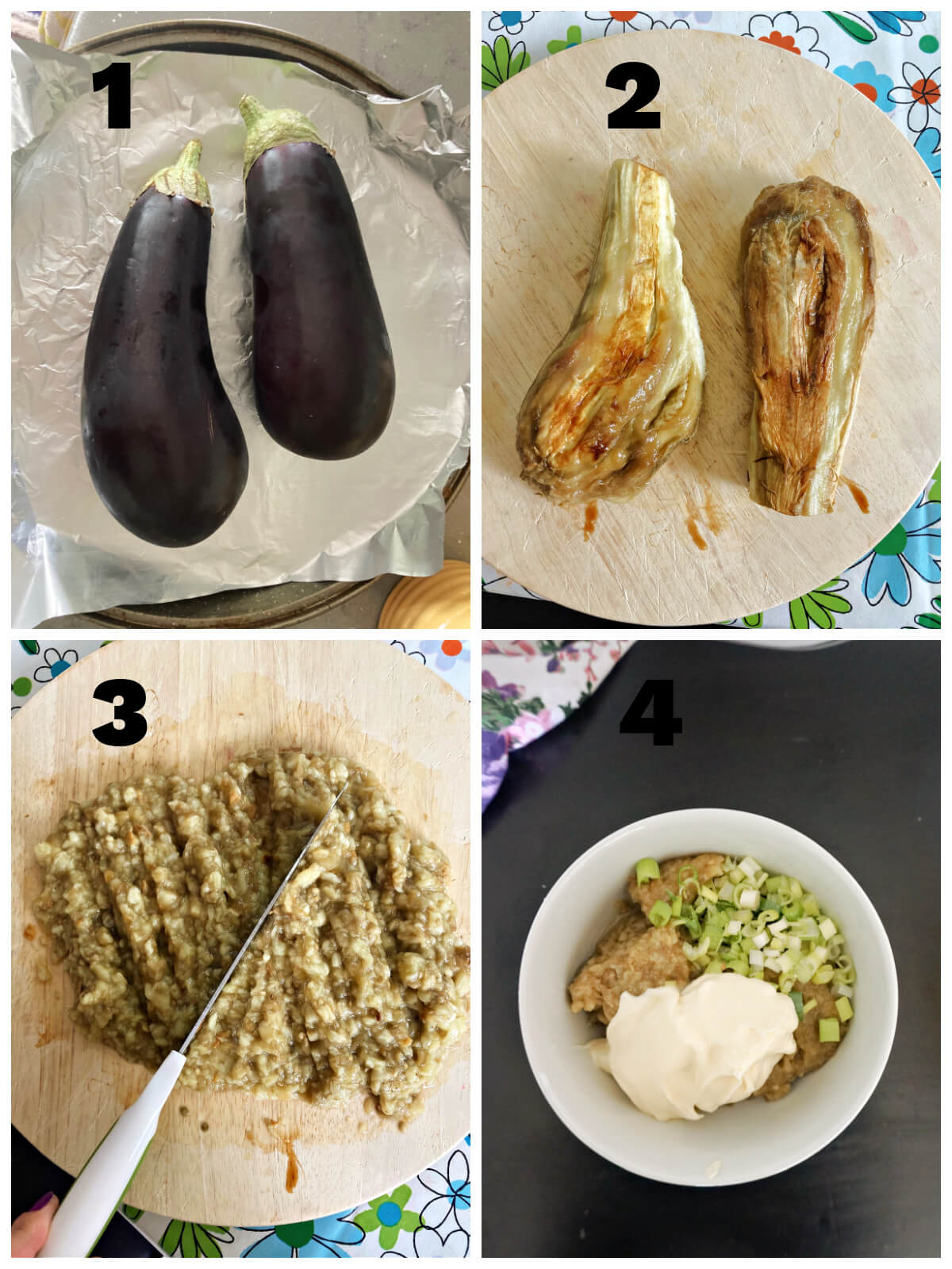 Collage of 4 photos to show how to make Romanian aubergine salad