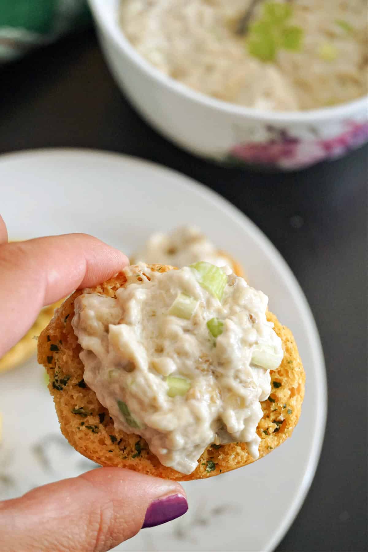 A bruschetta with aubergine spread.