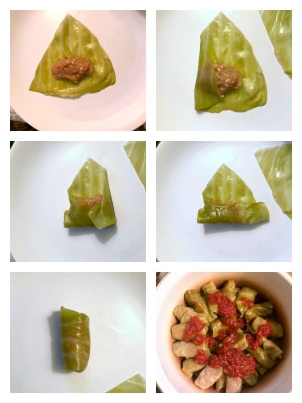 Collage of 6 photos to show how to make Easy Cabbage Rolls - Romanian Sarmale.