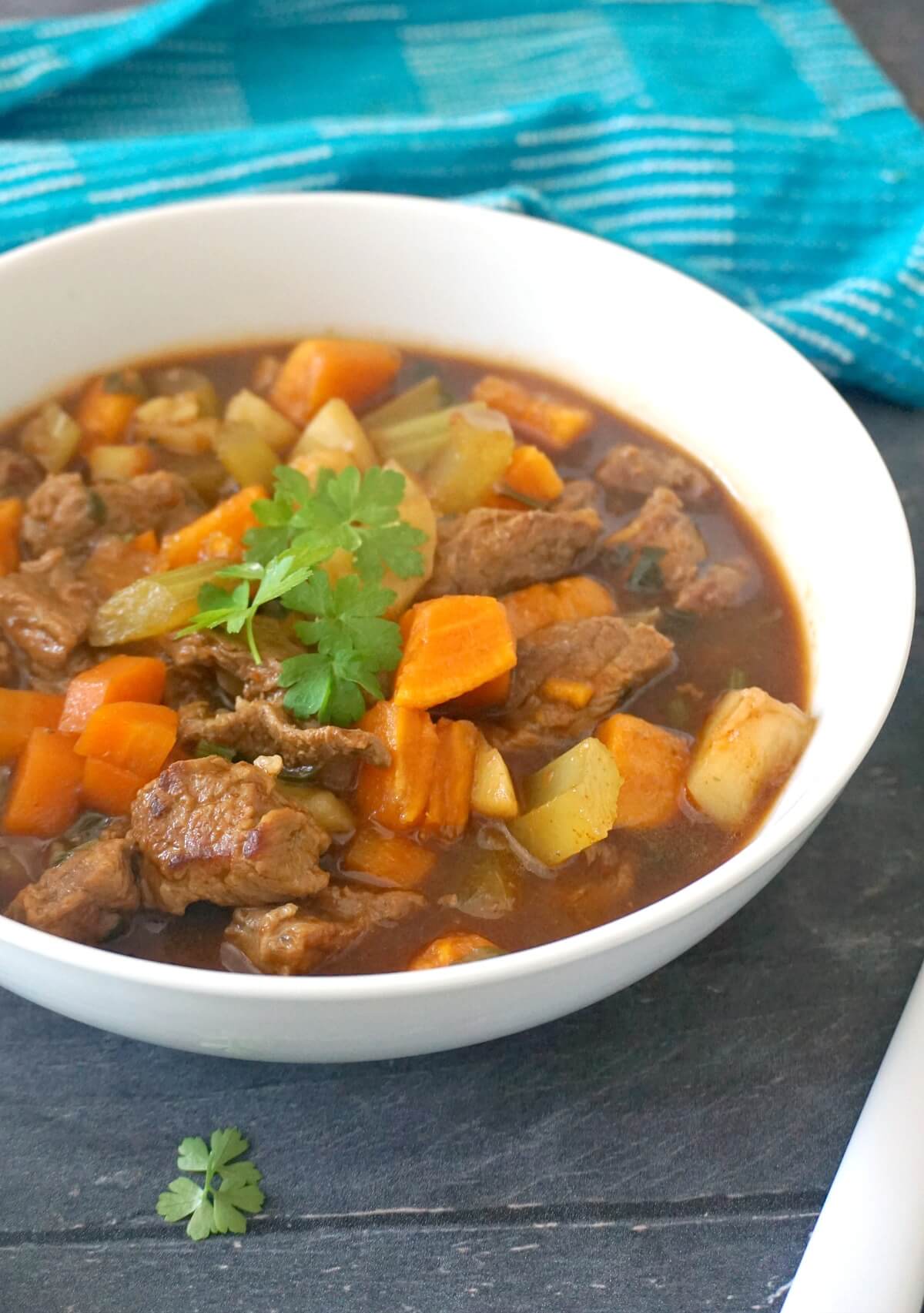 A steaming white bowl with beef stew.