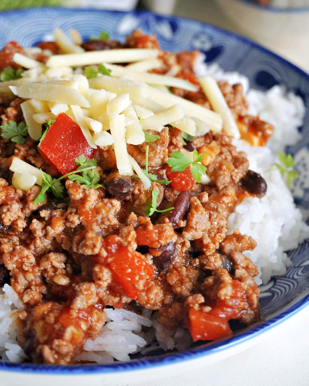 Close-up shoot of a bowl of chili.