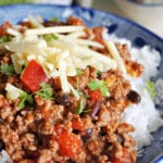 Close-up shoot of a bowl with rice and chili