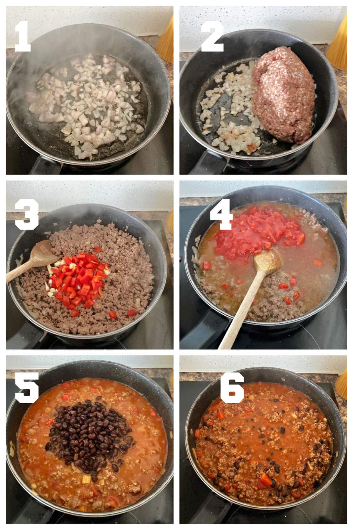 Collage of 6 photos to show how to make chili with beans.