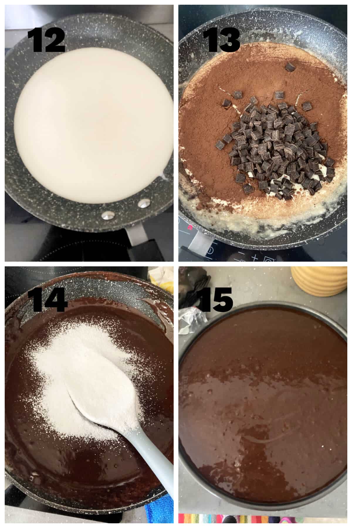 Collage of 4 photos to show how to make chocolate glaze