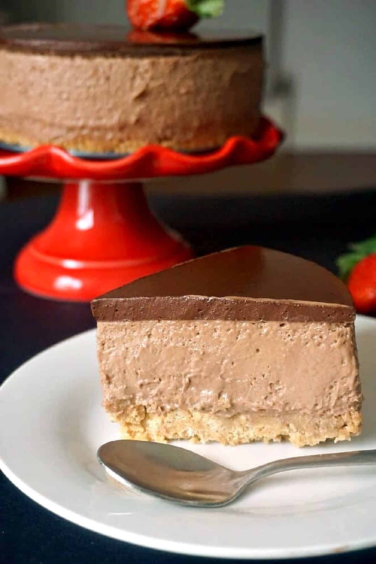 A slice of nutella cheesecake on a white plate