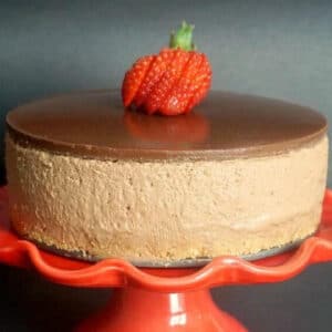 A nutella cheesecake on a red cake stand