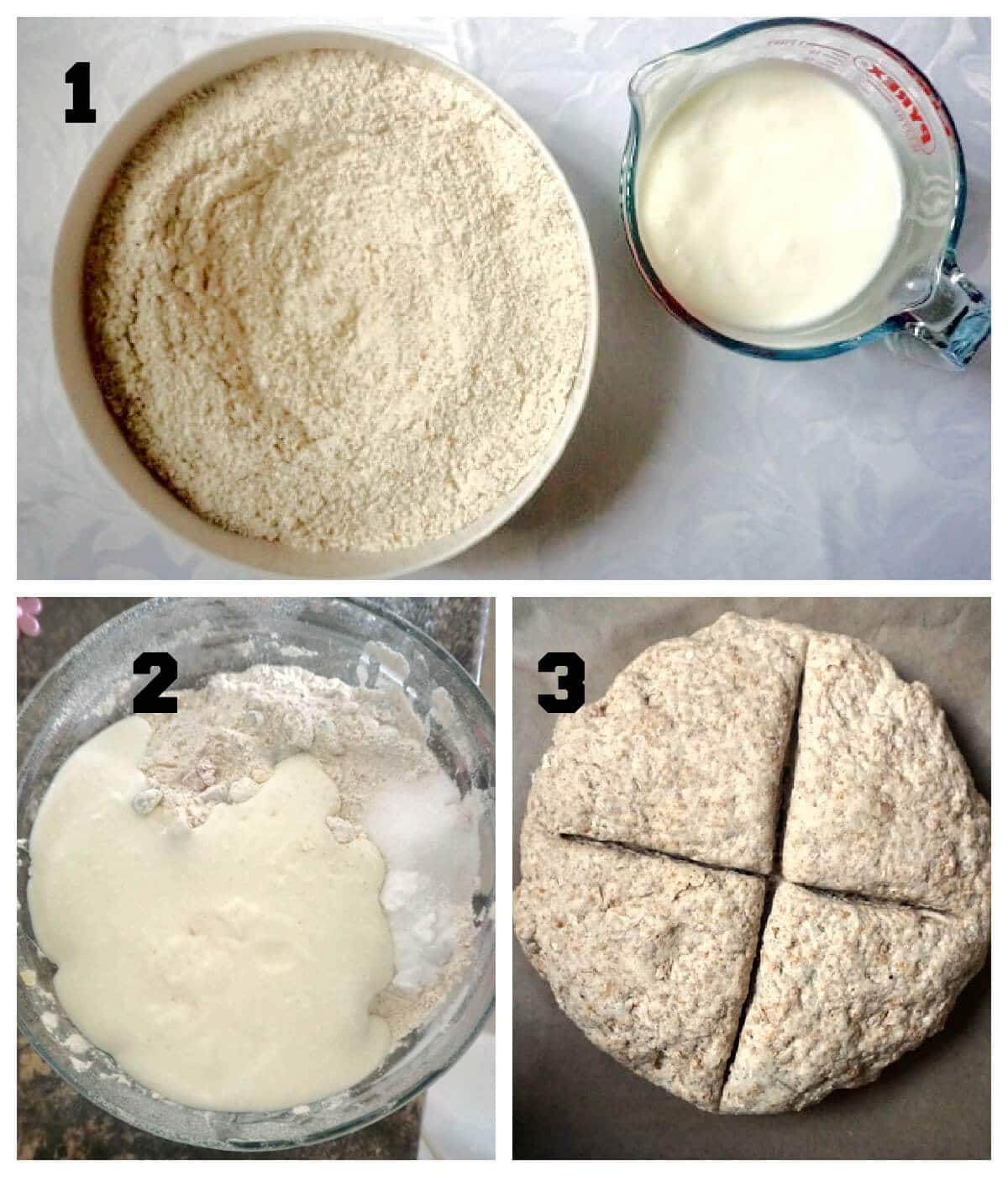 Collage of 3 photos to show how to make soda bread.
