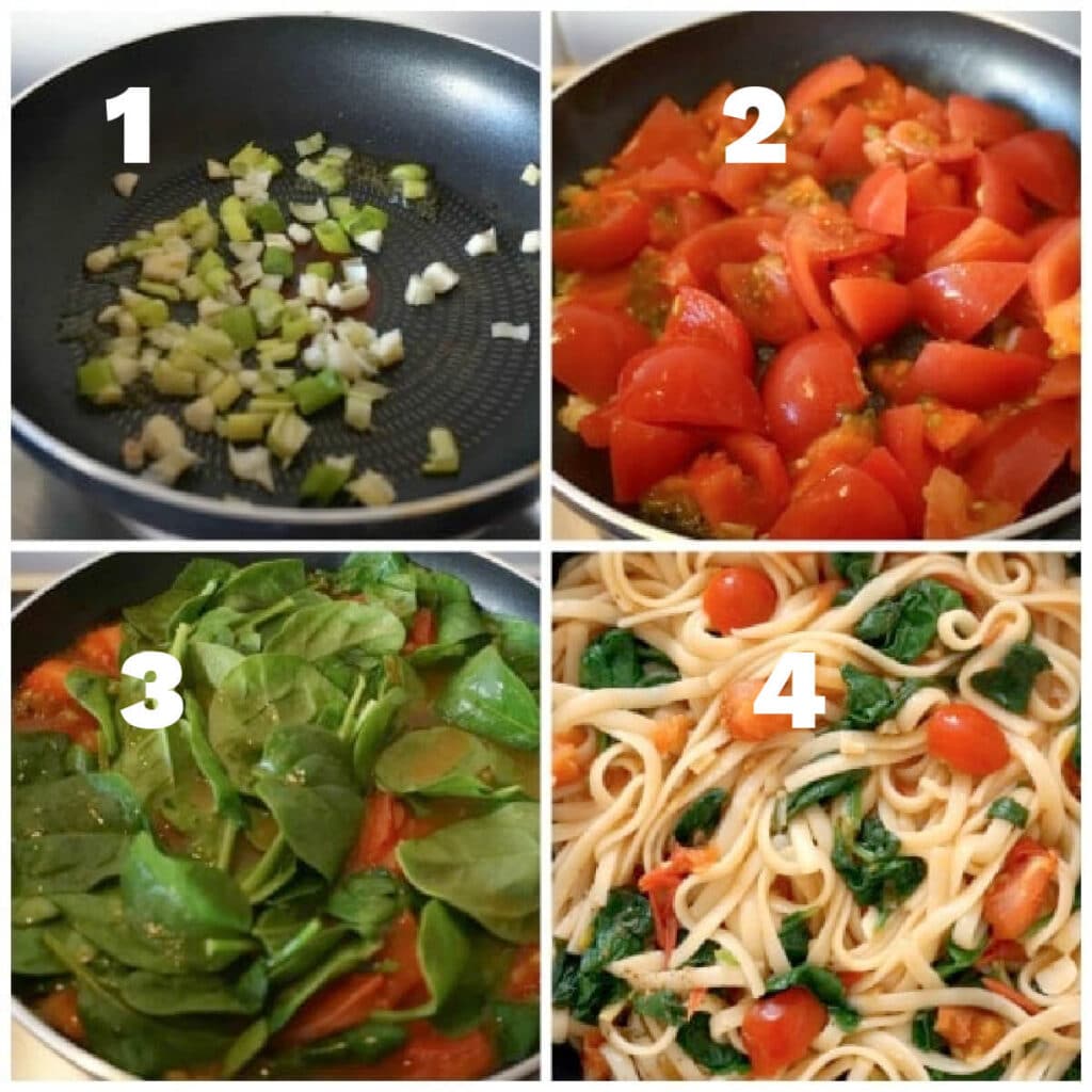 Collage of 4 photos to show how to make spinach and tomato pasta