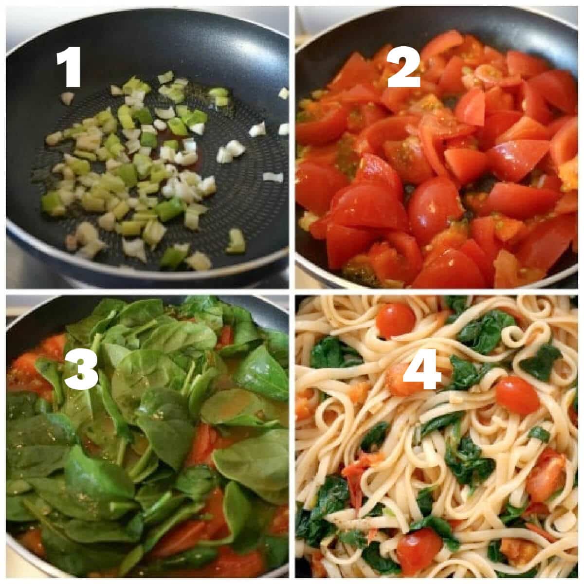 Collage of 4 photos to show how to make spinach and tomato pasta.