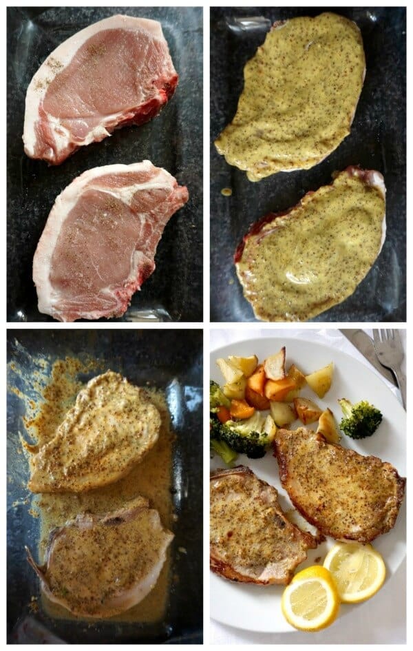 Collage of 4 photos to show how to make honey mustard pork chops.