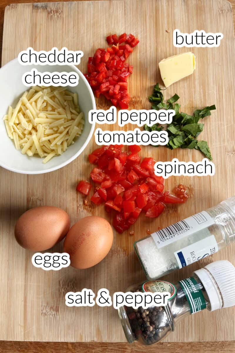 Ingredients used to make veggie omelette.