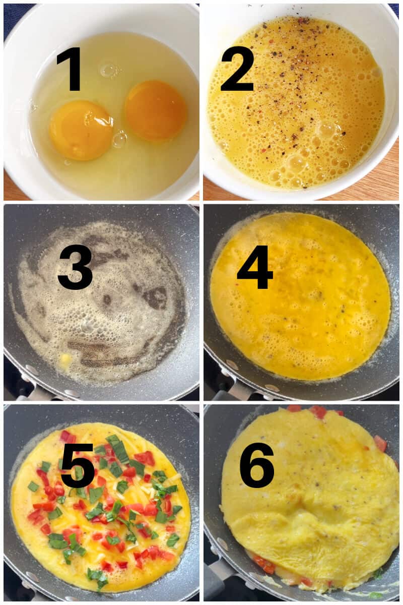 Collage of 6 photos to show how to make an omelette.