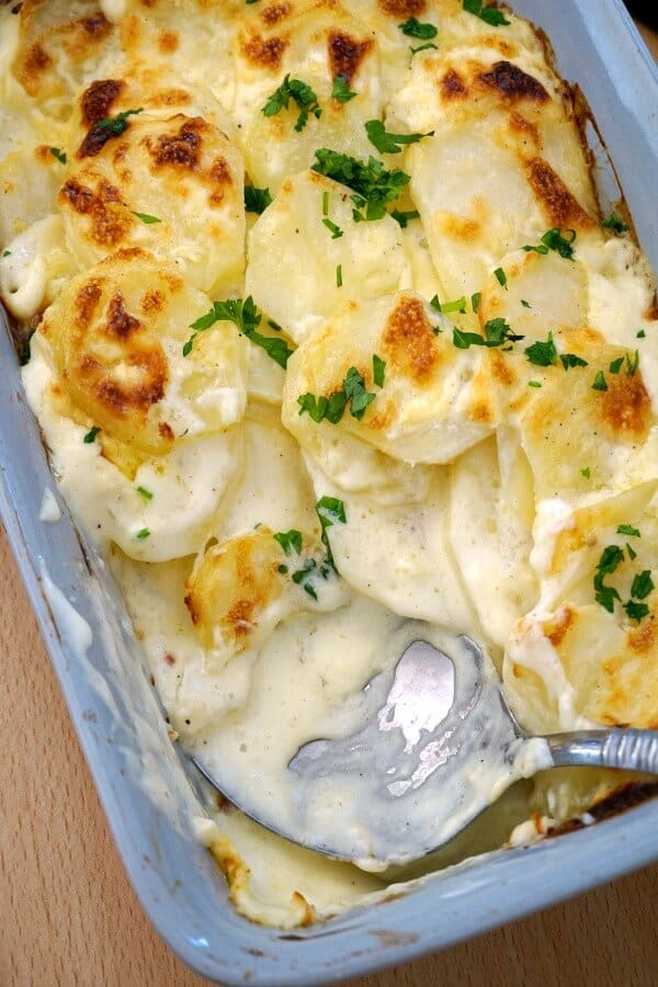 Overhead shot of a dish of cheesy scalloped potatoes