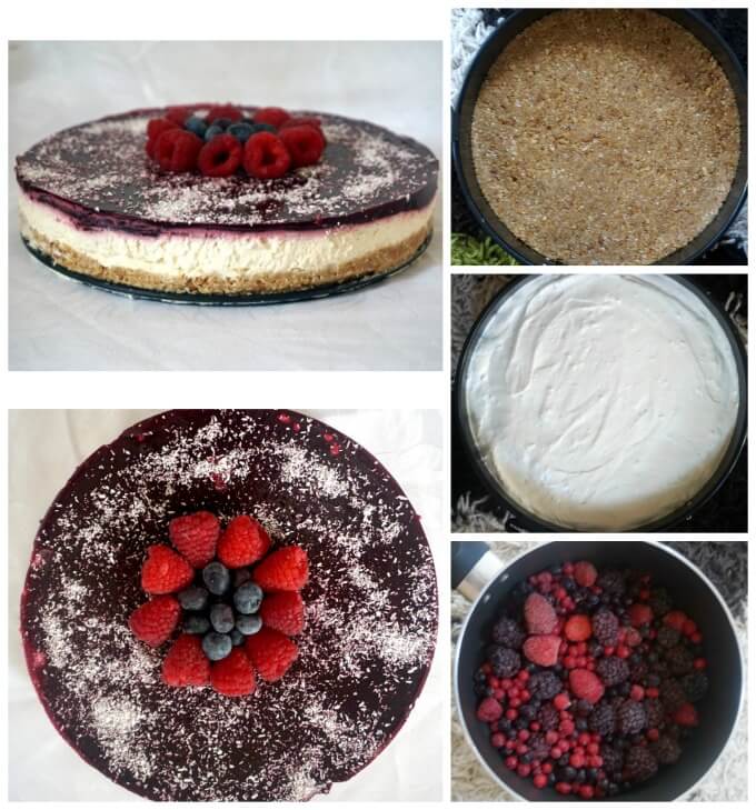 Collage of 5 photos to show how to make coconut cheesecake