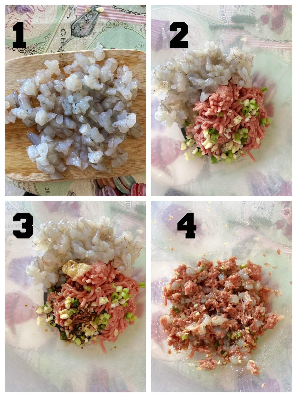 Collage of 4 photos to show how to make the filling for wontons.