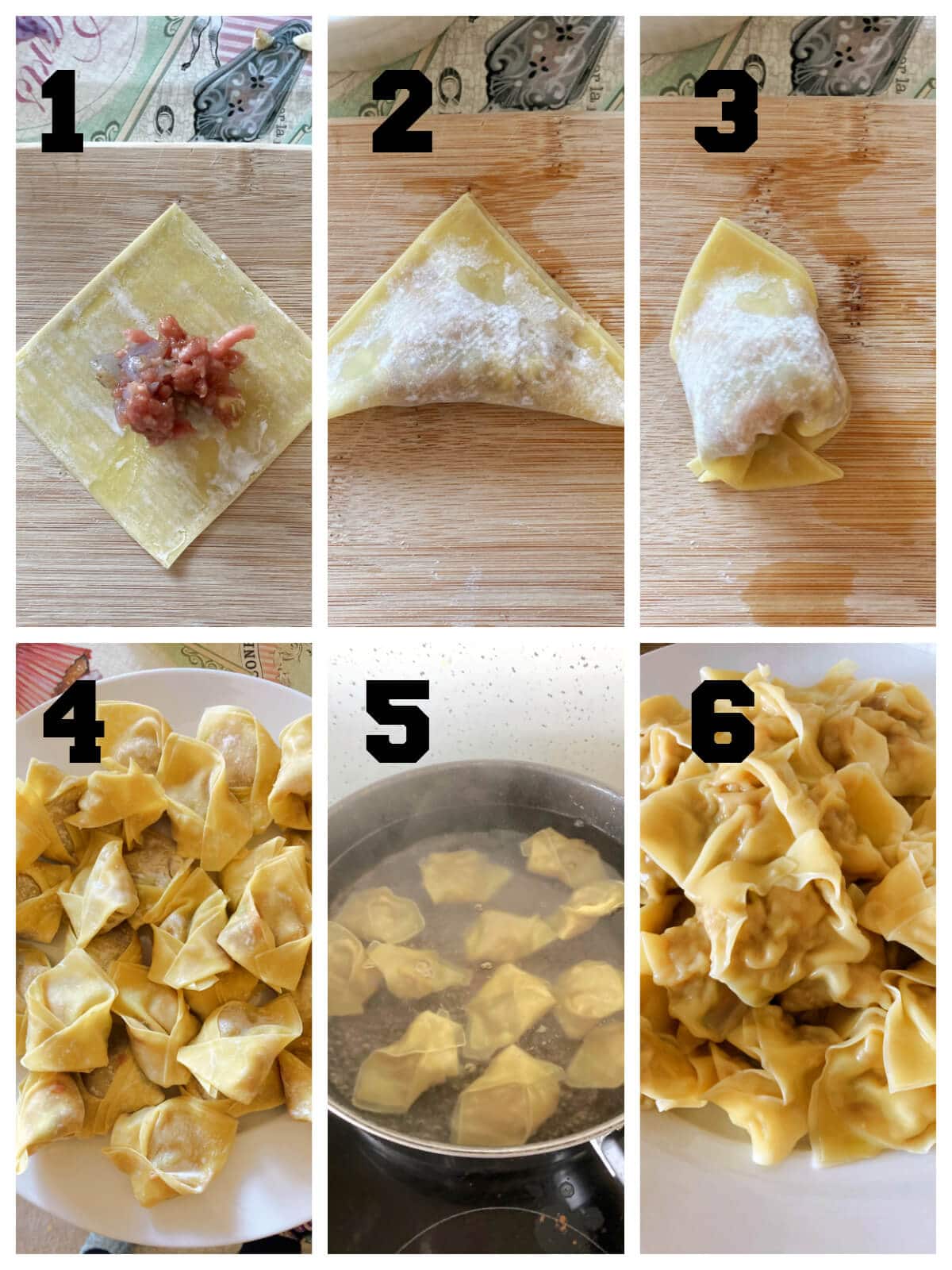 Collage of 6 photos to show how to make wontons.