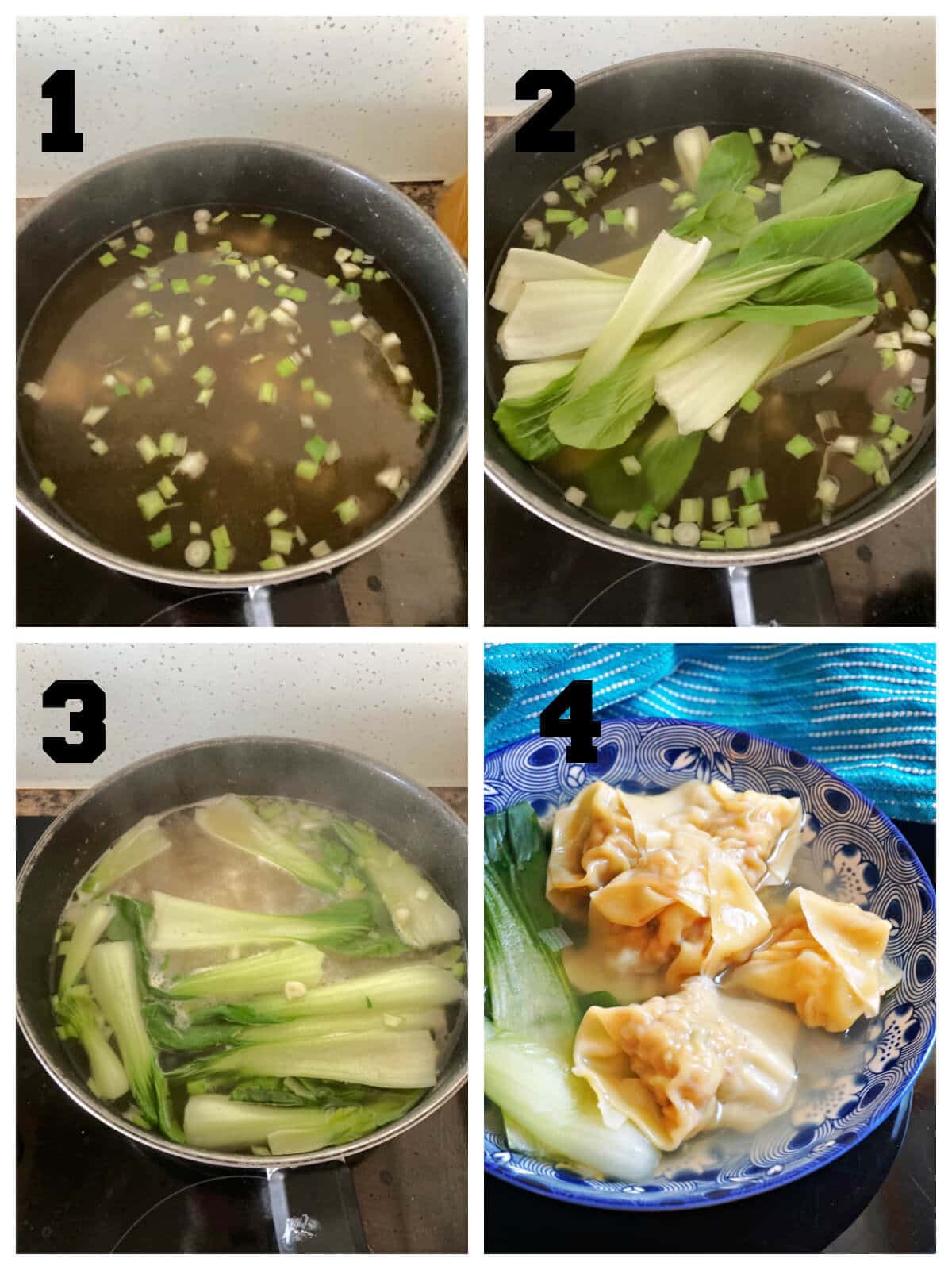 Collage of 4 photos to show how to make broth for wontons.