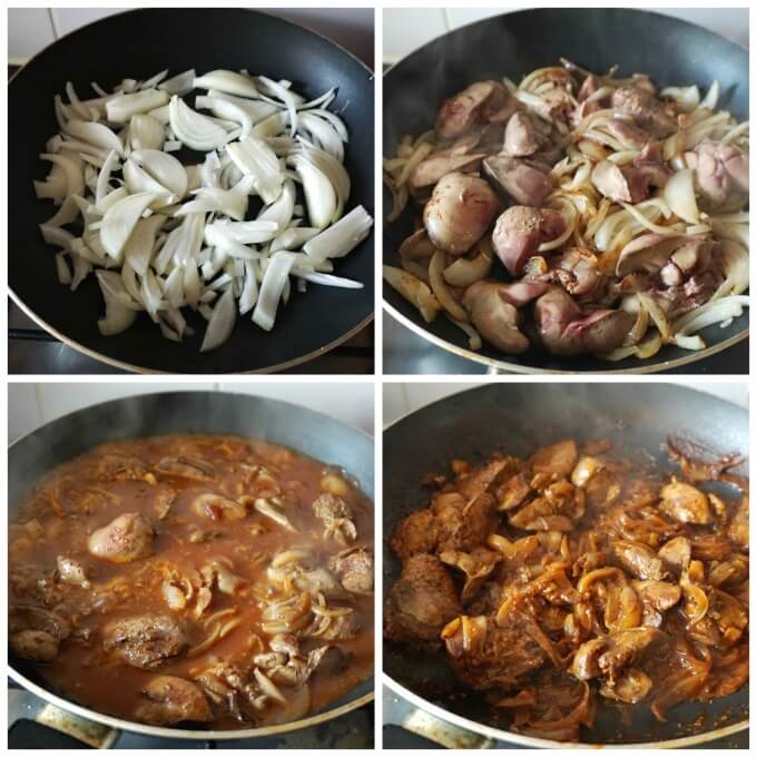 Collage of 4 photos to show how to make chicken liver and onions.