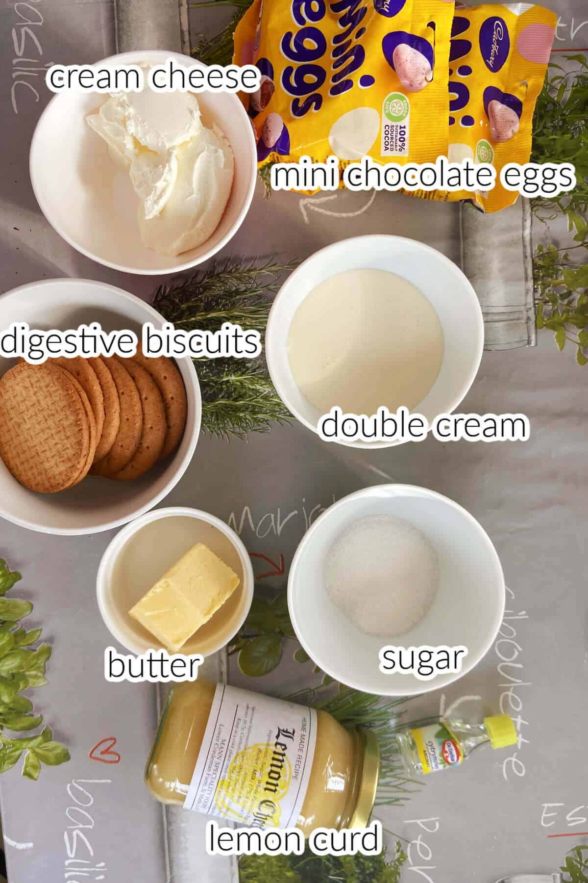 Ingredients used to make mini lemon curd cheesecakes.