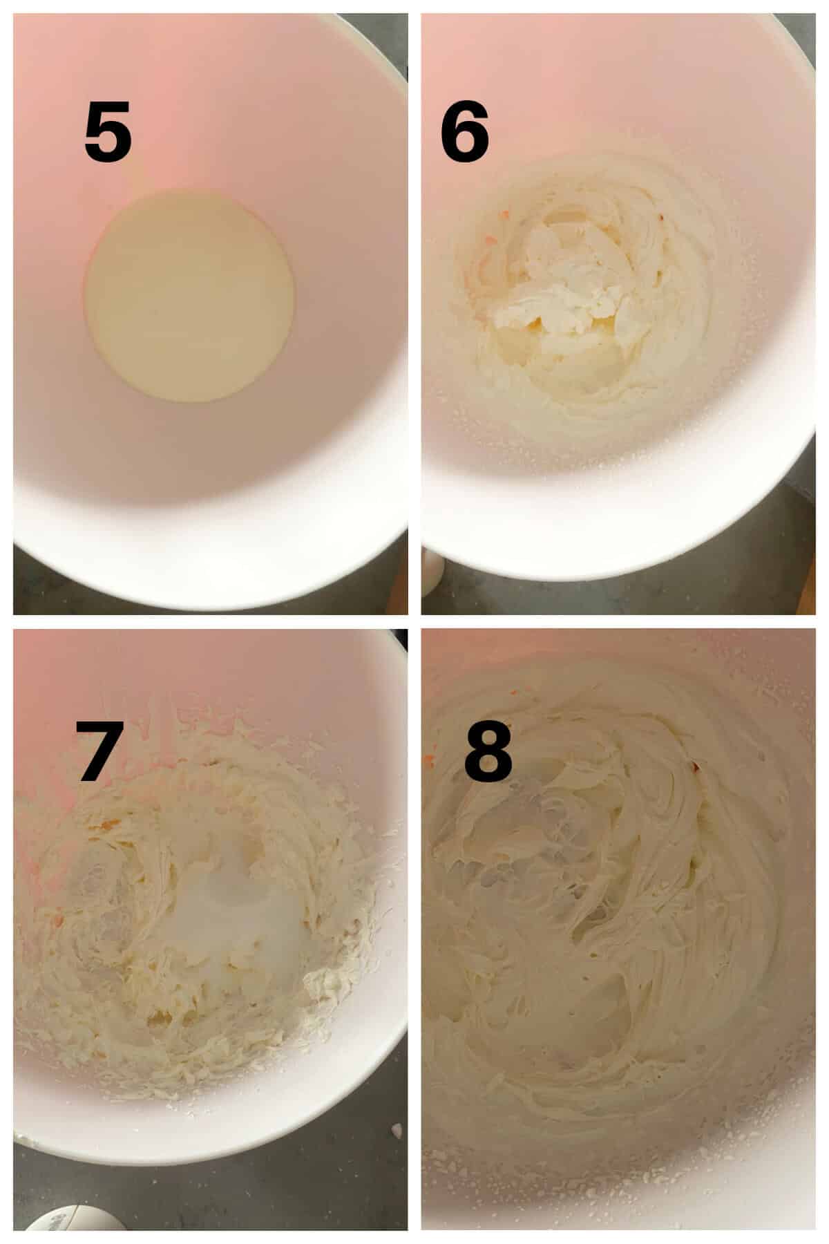 Collage of 4 photos to show how to make the lemon cream filling for cheesecakes.