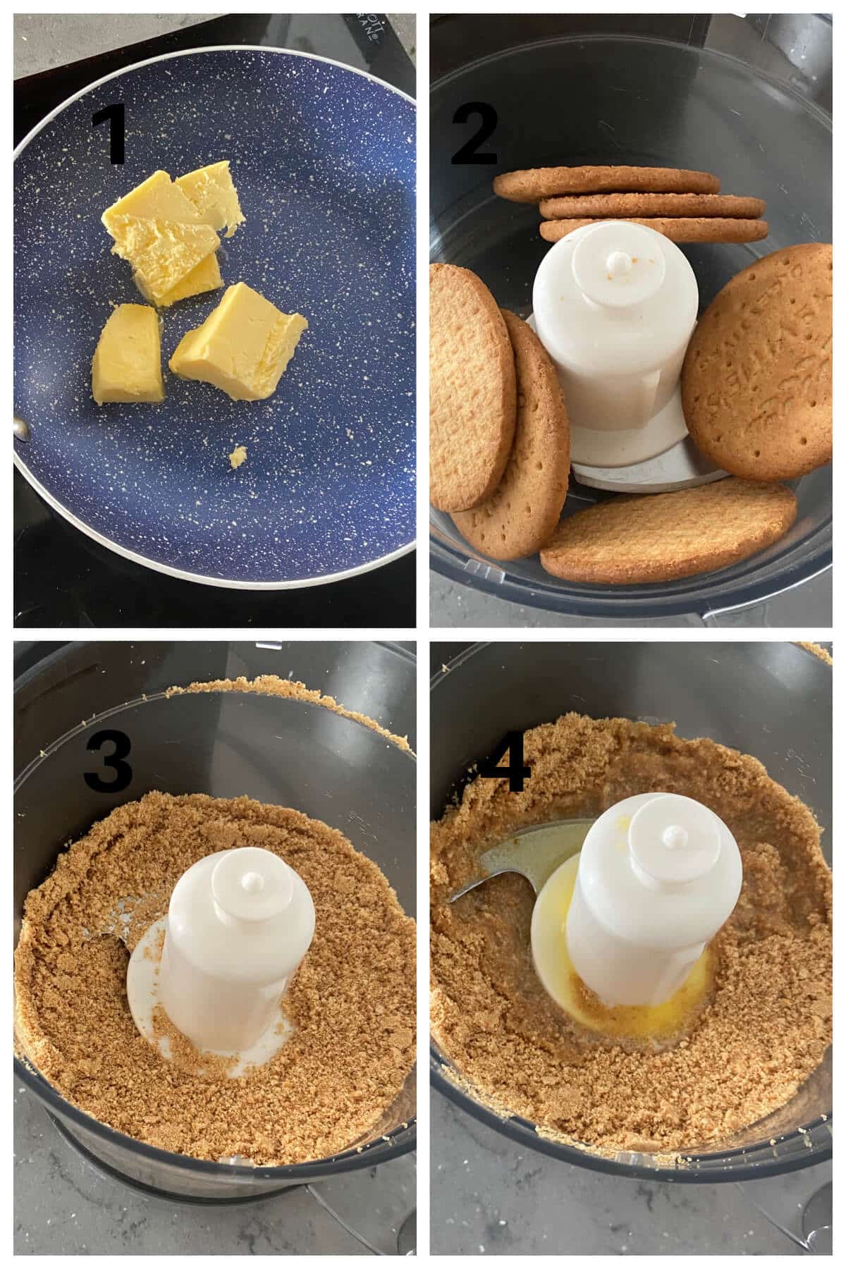 Collage of 4 photos to show how to make the biscuit base for cheesecakes.