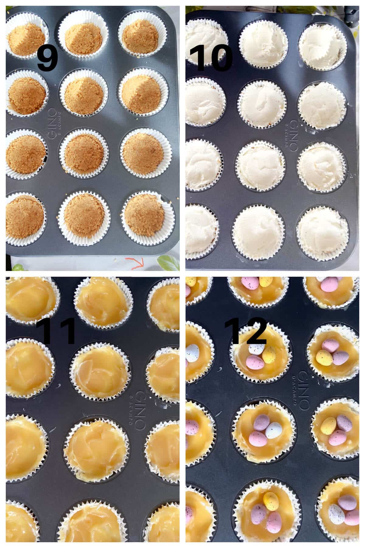 Collage of 4 photos to show how to assemble the mini cheesecakes.
